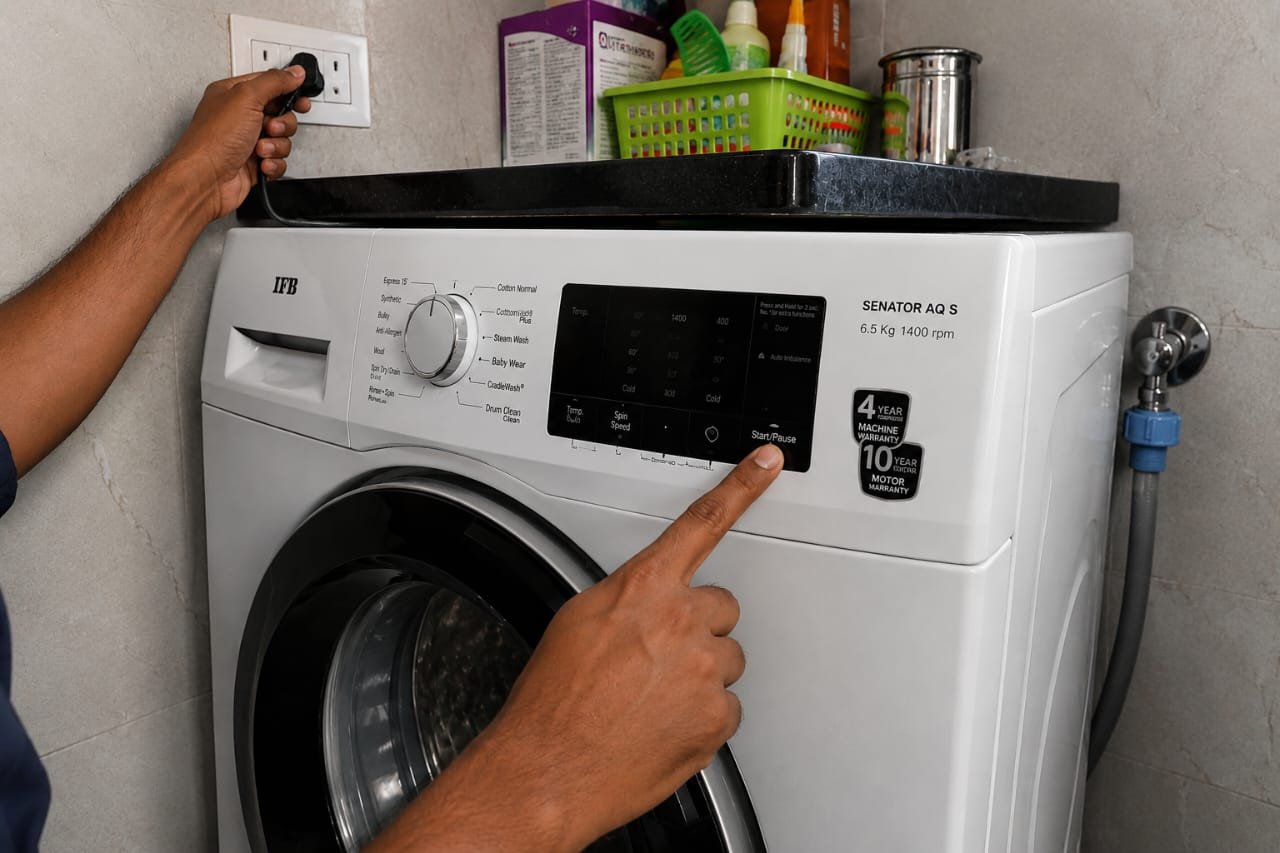 Technician inspecting a washing machine that is not turning on during repair.