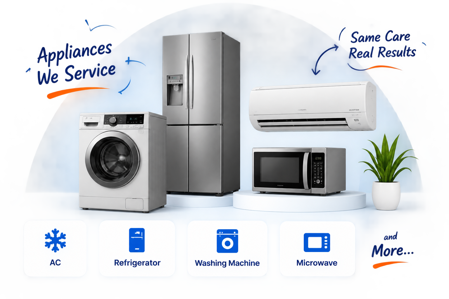 Appliances serviced by Q TECH including AC, refrigerator, washing machine and microwave